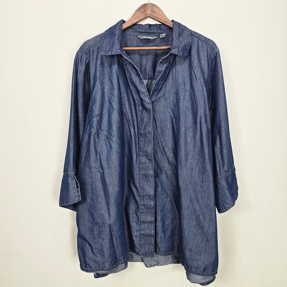 Martha Stewart Button Up Tunic Top 3X‎ Blue Chambray 3/4 Sleeve Modest Career